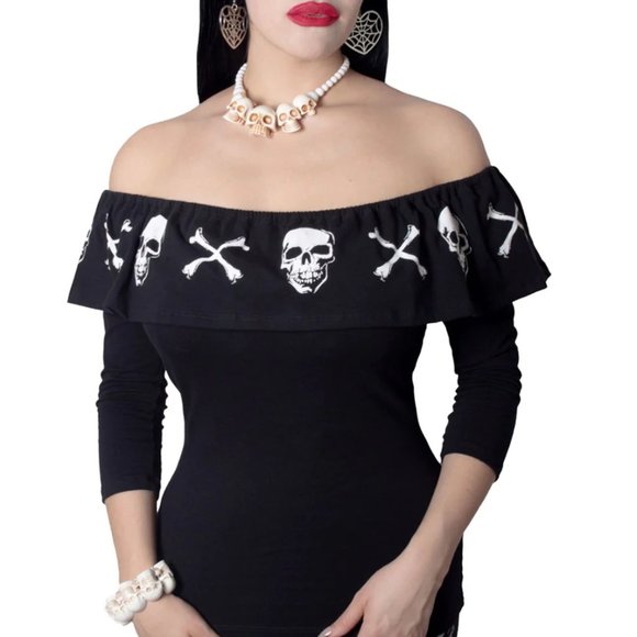 Black & White Skull n Crossbones Striped Ruffle Top S-M-L-XL-2XL-3XL NWT - Picture 3 of 5